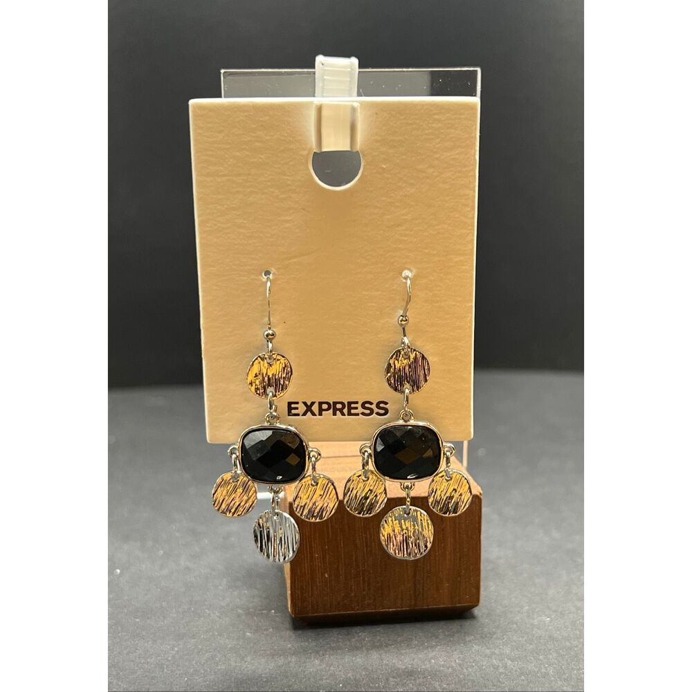 Express Silver Tone Metallic Disc Square Cut Faceted Black Faux Stone Earrings